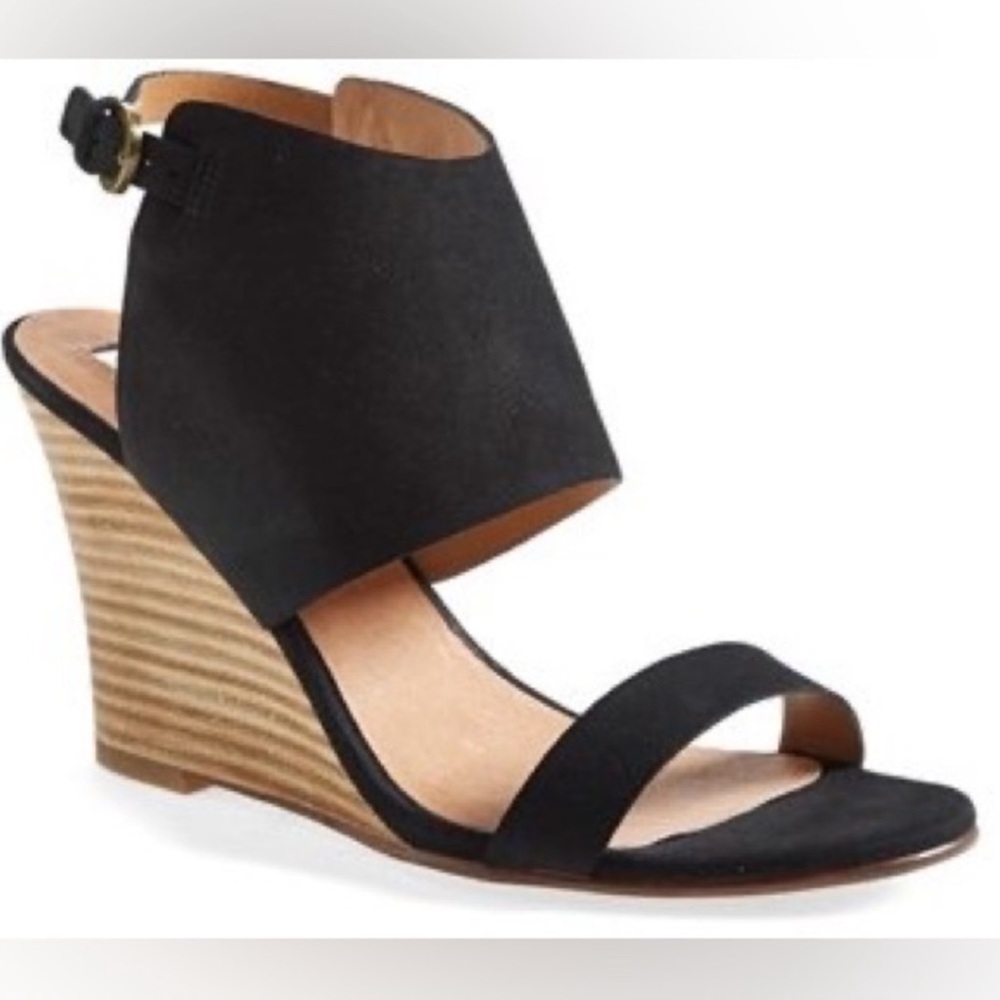 NWT Clarette Ankle Strap, wedge shoes heels black leather size 8.5M original box